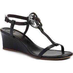 TORY BURCH Miller T-Strap Black Wedge Sandals